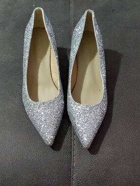 Women's Silver Glitter Pointed Toe Flats Size 9.5 Heel 2.5 Inches